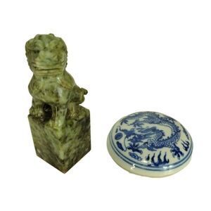 VTG Jade Stone Marble Foo Dog Seal Stamp & Porcelain Dragon Red Cinnabar Paste
